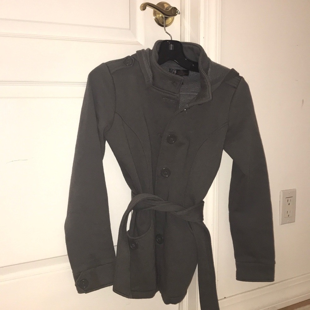 J.J. Basics dark grey wrap coat with hoodie.